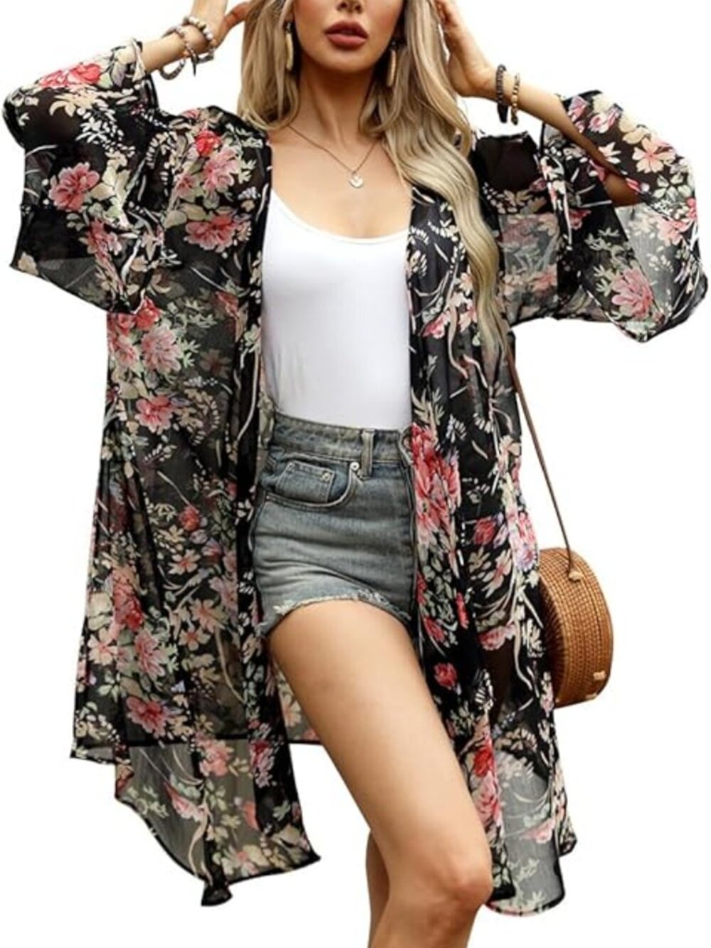 Women Floral Print Bell Sleeve Kimono Cardigan Lightweight Open Front Cover Up
